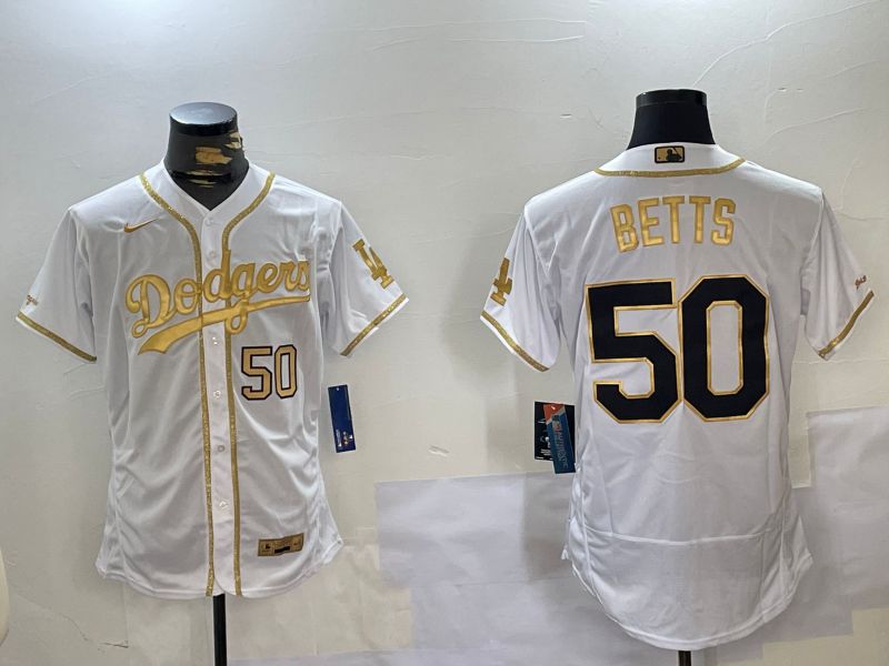 Men Los Angeles Dodgers #50 Betts White Gold Elite 2024 Nike MLB Jersey style 5